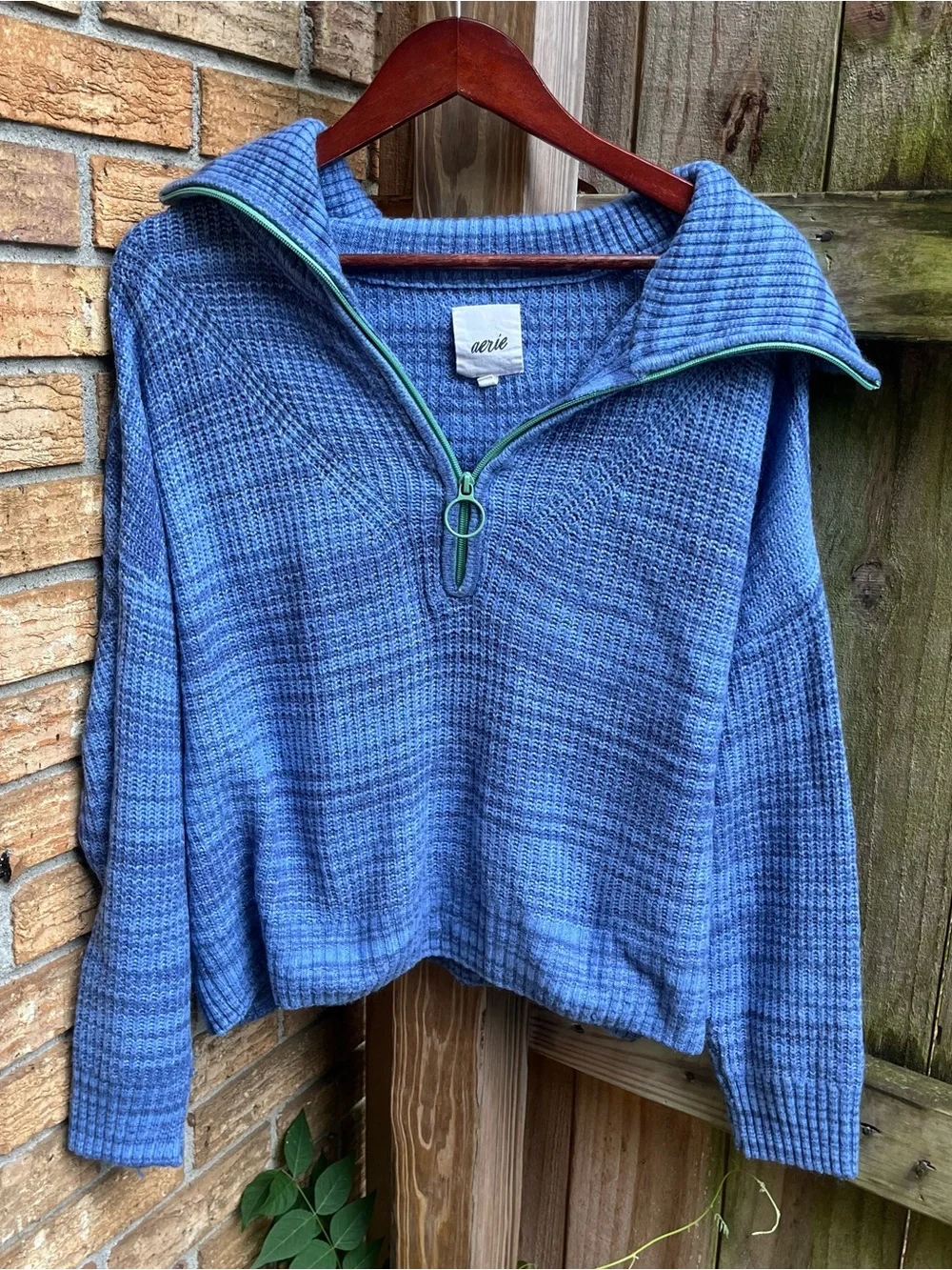 aerie Oversized Blue Knit Quarter-Zip Pullover with Green Zipper - Picture 1 of 3
